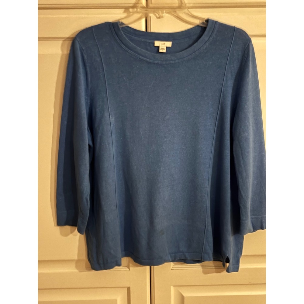 J. Jill Blue Linen Blend 3/4 Sleeve Knit Sweater Crew Neck Pullover Large